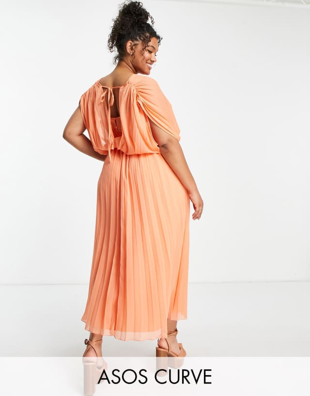 ASOS DESIGN Curve pleated wrap front midi dress in coral