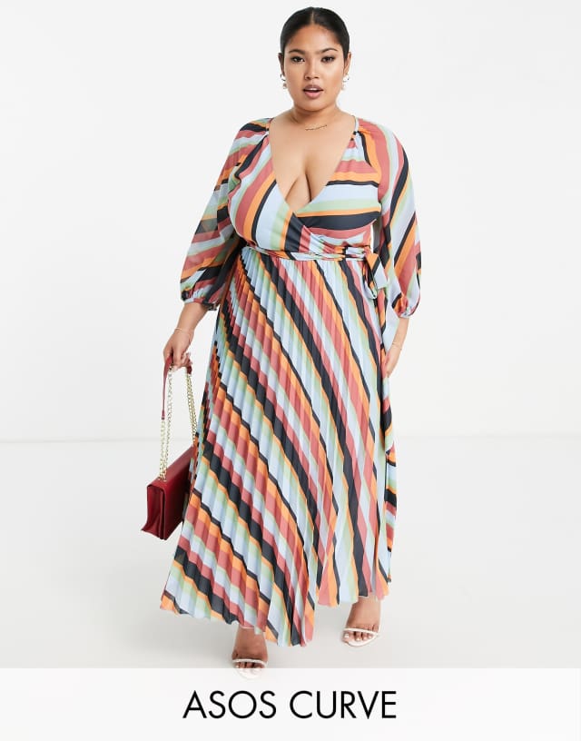 ASOS DESIGN Curve pleated wrap midi dress in multi stripe