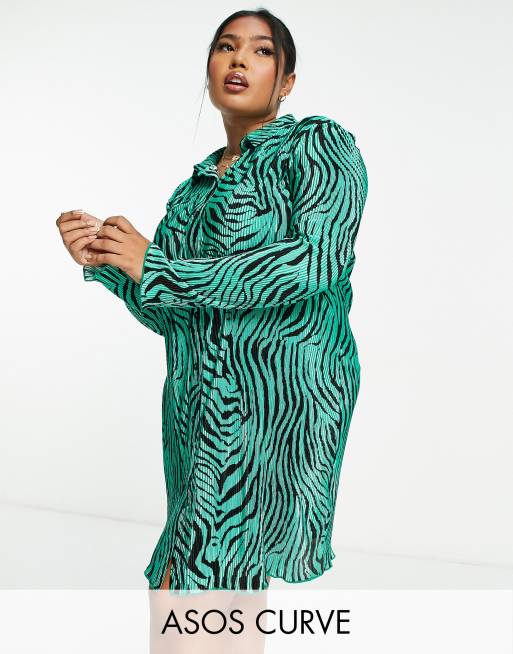 ASOS DESIGN Curve – Plisowana sukienka koszulowa mini z długim rękawem w zielone paski zebry