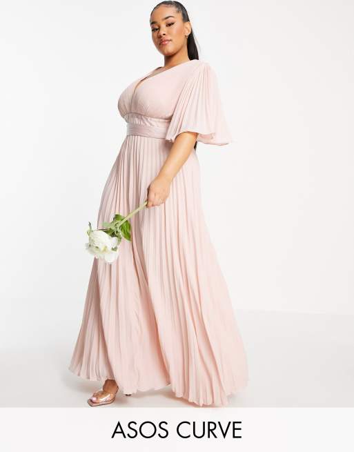 ASOS DESIGN Curve – Plisowana sukienka maxi dla druhny ze zwiewnymi rękawami i satynowym wiązaniem w talii