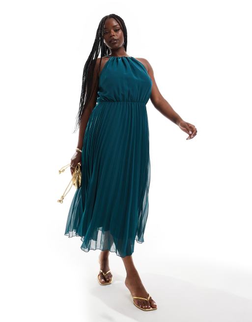 ASOS DESIGN Curve – Plisowana szyfonowa sukienka midi z dekoltem typu halter w kolorze butelkowej zieleni
