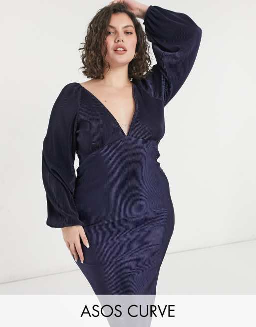 ASOS DESIGN Curve plisse balloon sleeve midi dress in navy