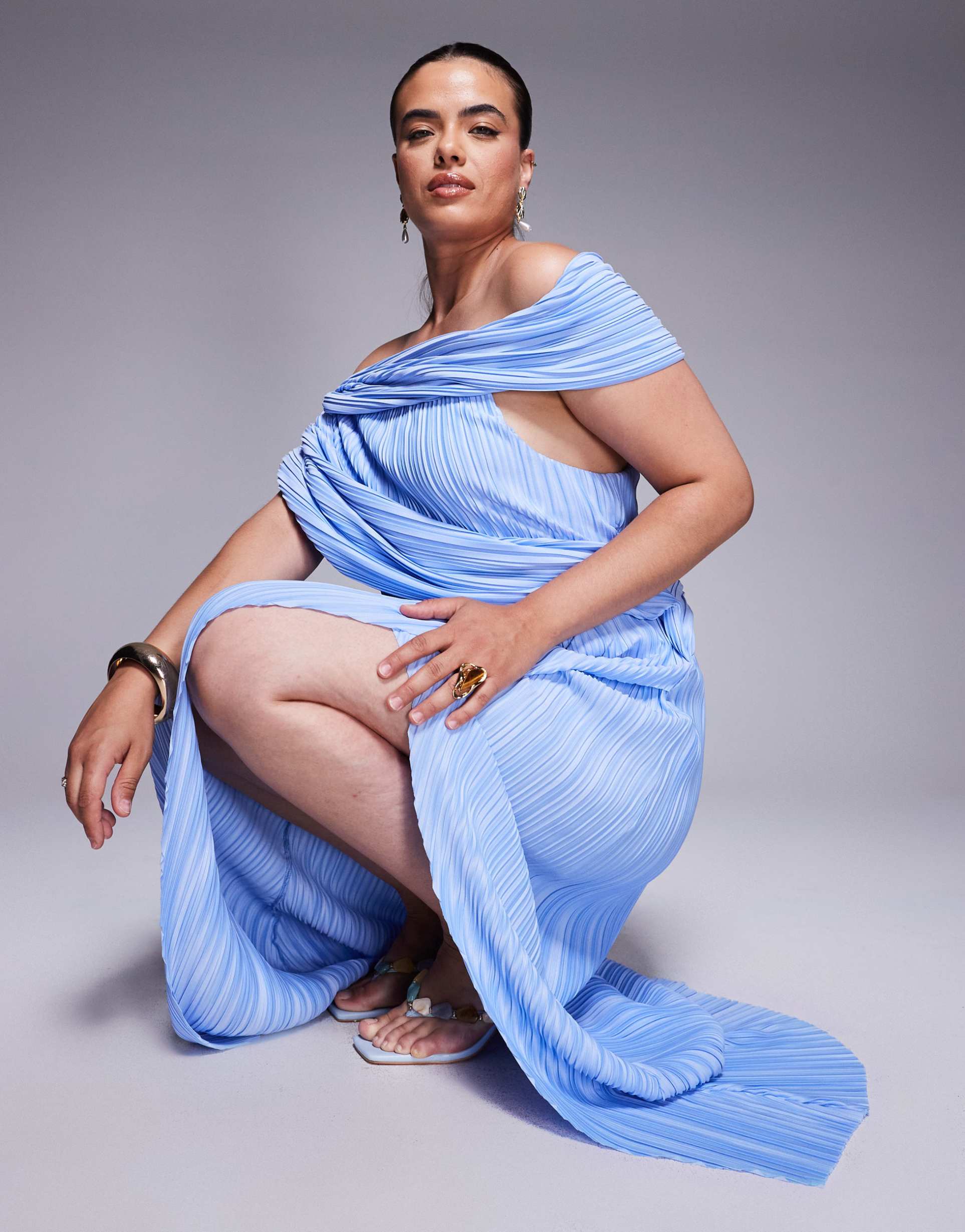 asos design curve plisse drape shoulder maxi dress with wrap skirt in pastel blue
