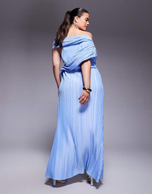 ASOS DESIGN Curve plisse drape shoulder midi dress with wrap skirt in pastel blue