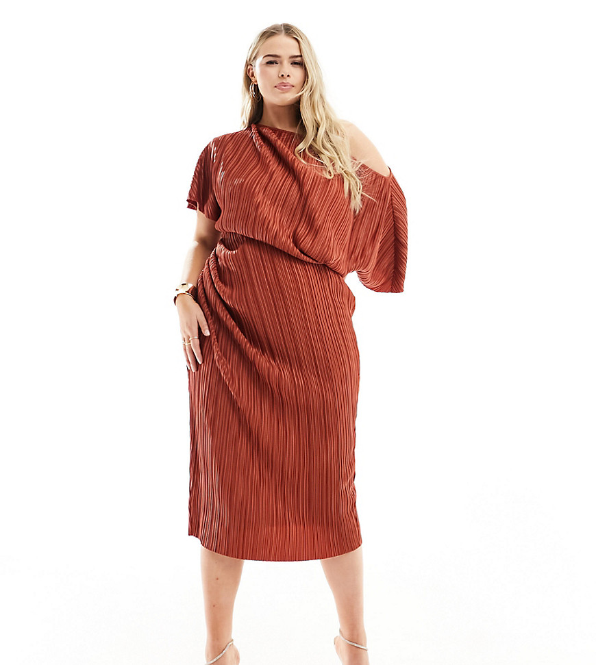 ASOS DESIGN Curve plisse fallen shoulder midi dress in rust-Red
