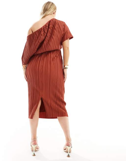 ASOS DESIGN Curve plisse fallen shoulder midi dress in rust | ASOS