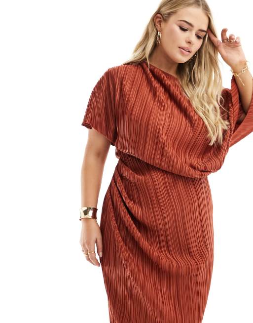 fallen shoulder plisse midi dress ASOS DESIGN fallen shoulder plisse midi dress in lilac