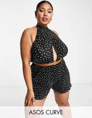 Asos Design Curve Plisse Halter Cut Out Playsuit With Belt In Spot Print-Multi