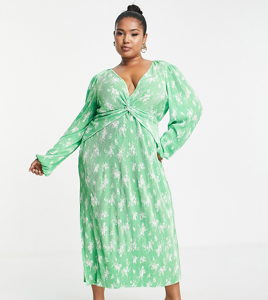 ASOS DESIGN Curve plisse knot front midi dress in green and white floral-Multi