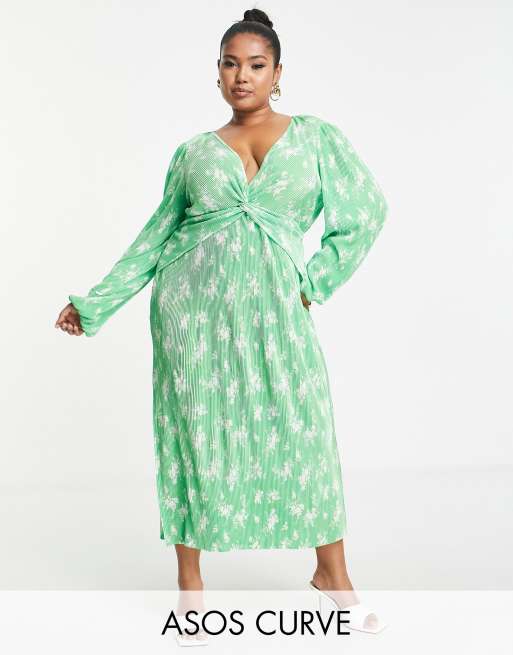 Plus Size Floral Plisse Twist Front Midi Dress