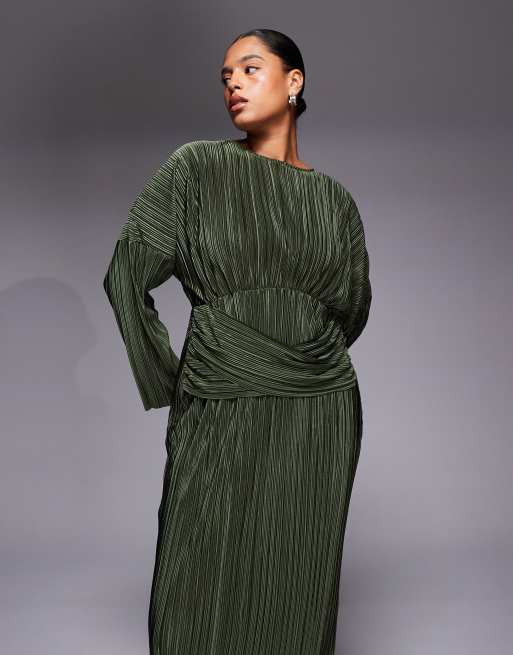 ASOS DESIGN Curve plisse long sleeve drape waist midi dress in khaki, 2 of 4