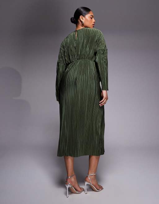 ASOS DESIGN Curve plisse long sleeve drape waist midi dress in khaki, 3 of 4
