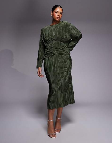 ASOS DESIGN Curve plissé long sleeve draped waist midi dress in khaki green - view 1