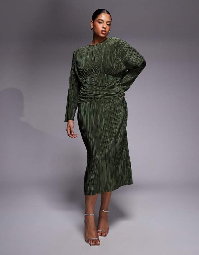 asos midi dress DESIGN Curve plissé long sleeve draped waist in khaki green quality blend of viscose Material:material YGroup_15028194410861 Green floral print Buy Green/Black Leopard Print