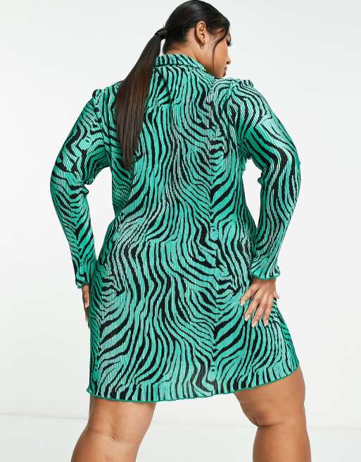 ASOS DESIGN Curve plisse long sleeve mini shirt dress in green zebra | ASOS