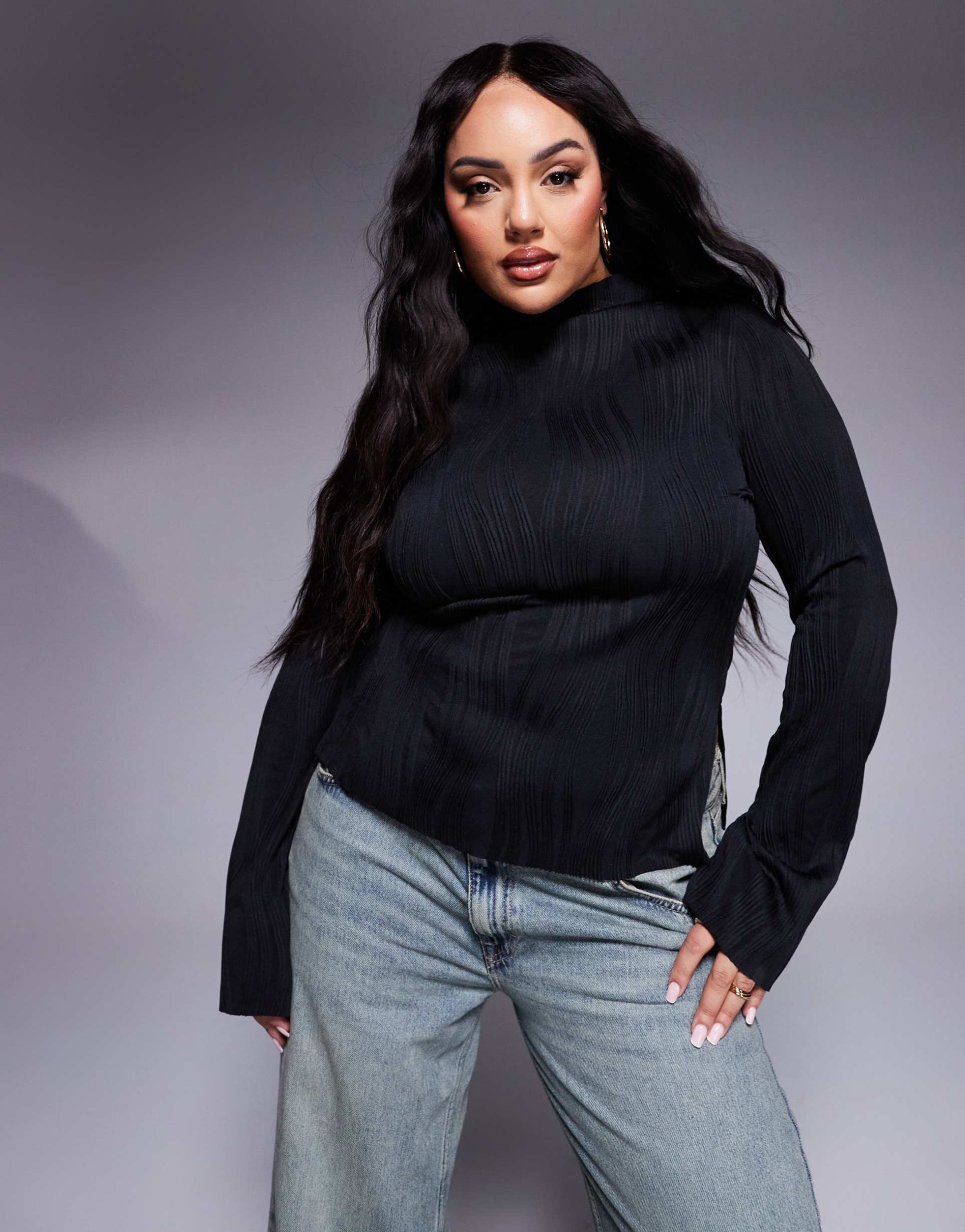 asos design curve plisse long sleeve top with grown on neck in black