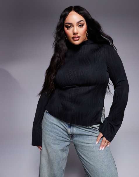 ASOS DESIGN curve plisse long sleeve top with grown on neck in black