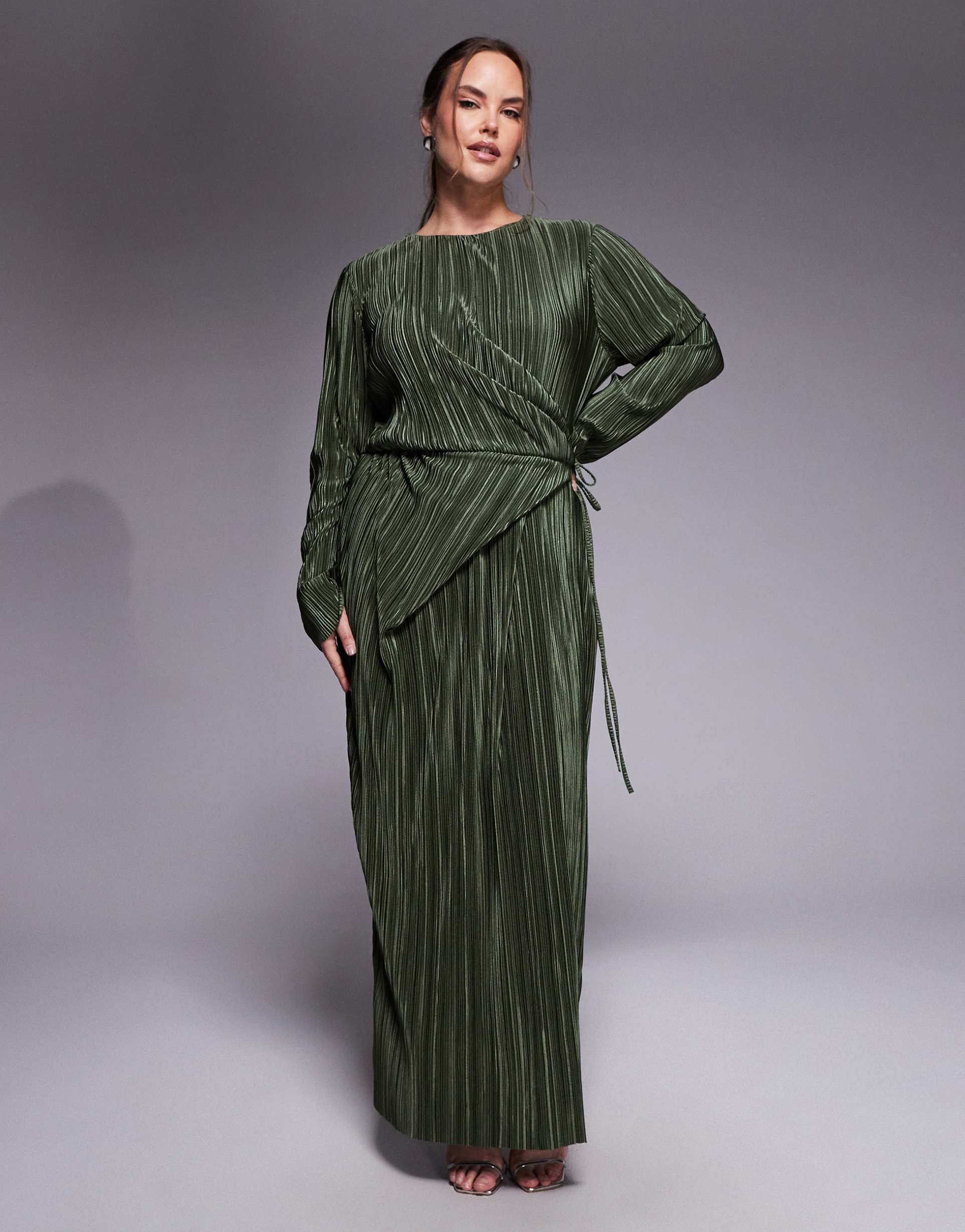 asos design curve plissé long sleeve wrap tie waist maxi dress in khaki green