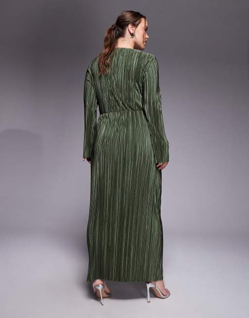 ASOS DESIGN Curve plisse long sleeve wrap tie waist maxi dress in khaki, 2 of 4