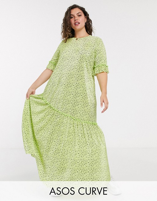 ASOS DESIGN Curve plisse maxi dress with asymmetrica hem in green ditsy floral print