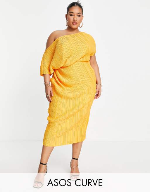 ASOS DESIGN Curve - Plissé midi jurk met afhangende schouder in oranje