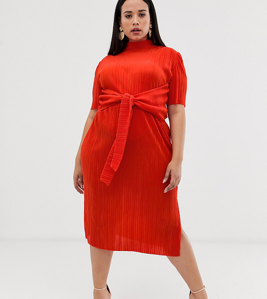 ASOS DESIGN Curve - Plisse midi-jurk met geknoopte voorkant-Oranje