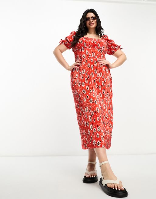 Asos Design Curve Plissé Midi Jurk Met Vierkante Hals En Pofmouwen In