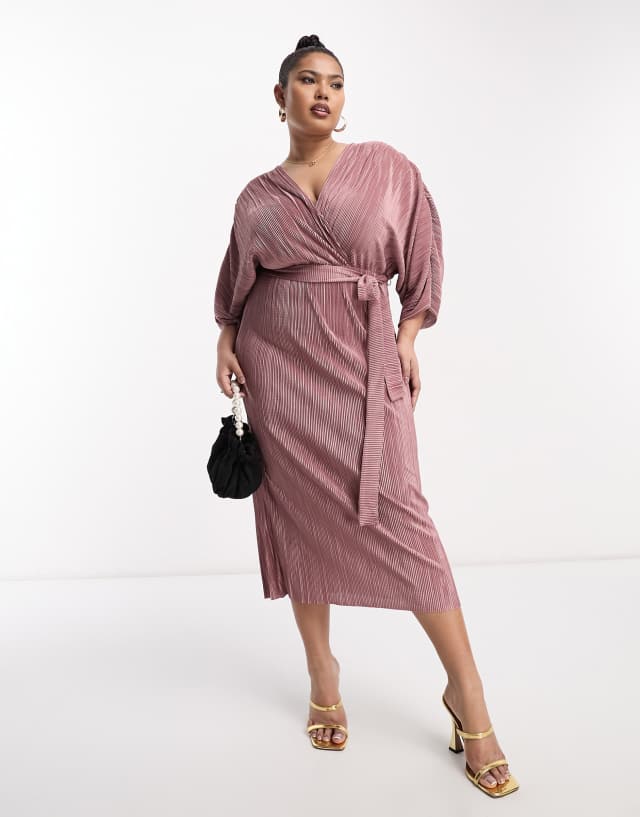 ASOS DESIGN Curve plisse midi wrap dress with belt in rose