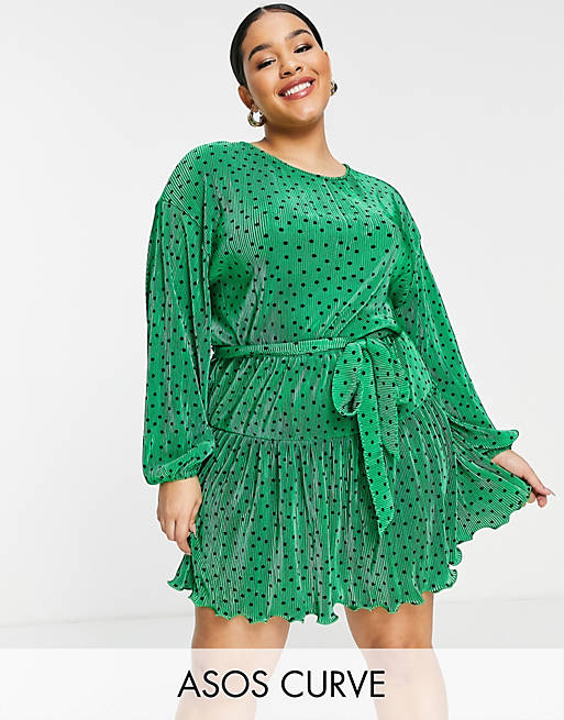asos.com | ASOS DESIGN Curve plisse mini dress with belt in green and black spot print