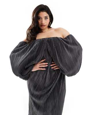 ASOS Curve ASOS DESIGN Curve plisse overlay midi dress with open back detail in charcoal-Grey