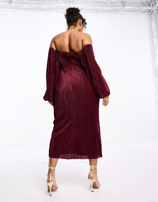 ASOS DESIGN Curve plisse overlay midi dress with open back detail in wine, 4 of 4