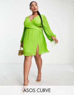Asos Curve Asos Design Curve Plisse Shirt Mini Dress With Wrap Waist Detail In Lime-green