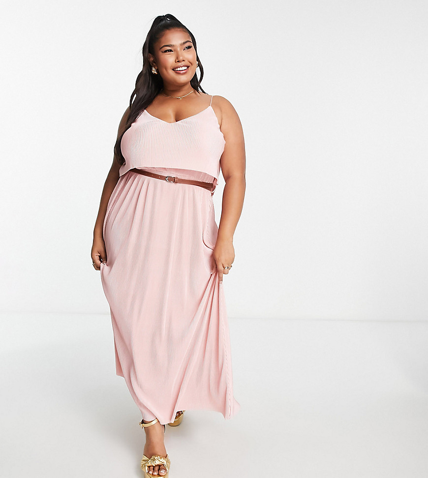 ASOS DESIGN Curve plisse strappy overlayer maxi dress in dusty pink