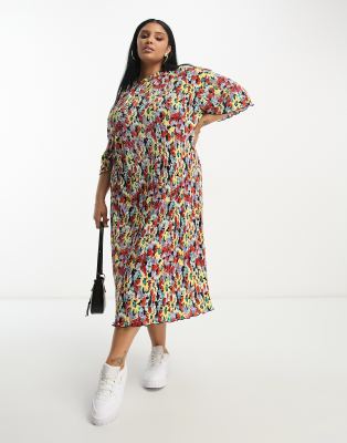 ASOS DESIGN Curve plisse t-shirt midi dress in black & purple floral-Multi