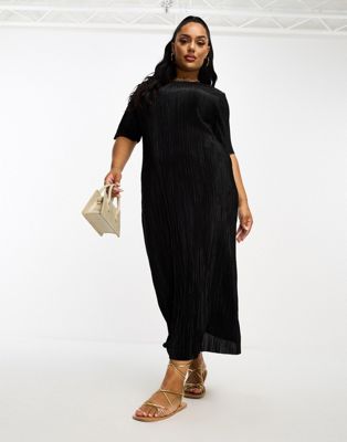 ASOS DESIGN Curve plisse t-shirt midi dress in black - ASOS Price Checker
