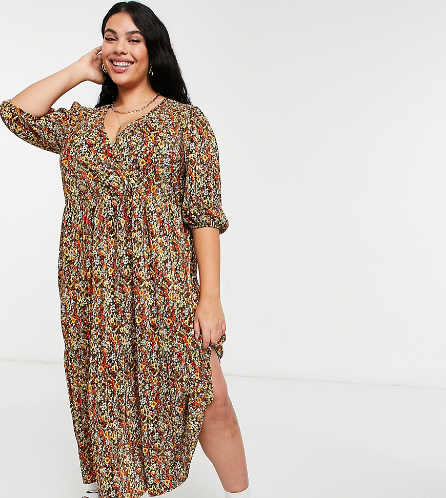 Asos Curve Asos Design Curve Plisse V Neck Maxi With Tiered Hem With Long Sleeves In Autumnal Floral-multi