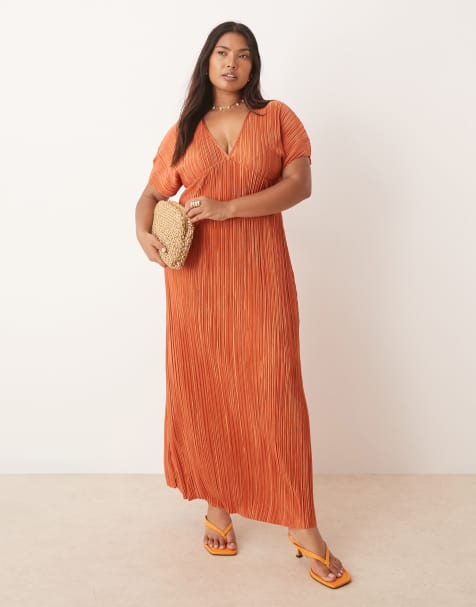 ASOS DESIGN Curve plisse V neck midi dress in rust - view 1