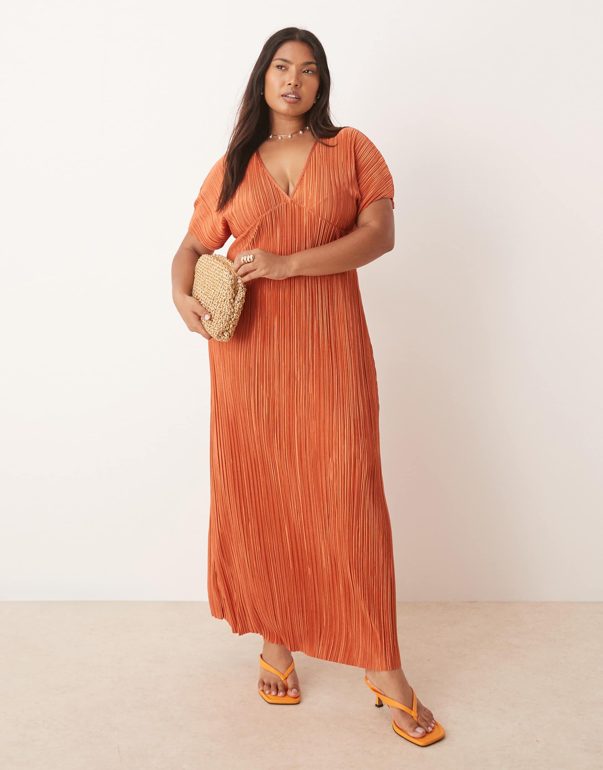 asos design curve plisse v neck midi dress in rust