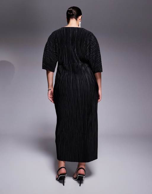 ASOS DESIGN Curve plisse v-neck midi dress with batwing sleeve in black, 3 of 4