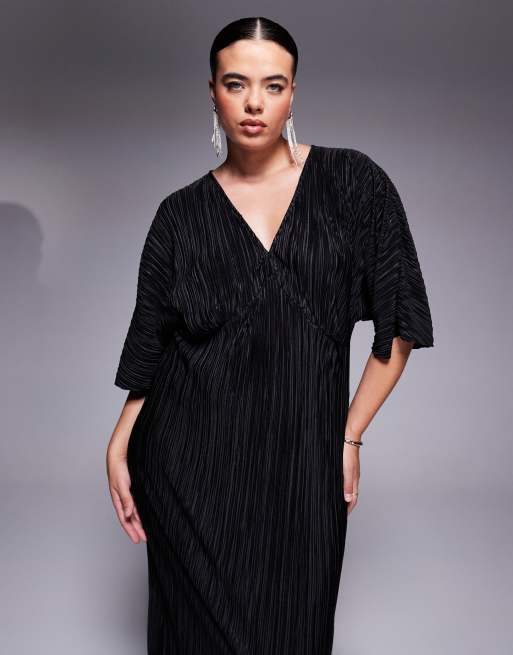 ASOS DESIGN Curve plisse v-neck midi dress with batwing sleeve in black, 4 of 4
