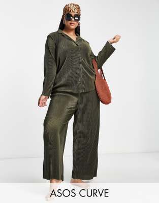 Asos Curve Asos Design Curve Plisse Wide Leg Beach Pants In Khaki -set ...