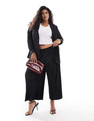 ASOS DESIGN Curve plisse wide trouser culottes in black