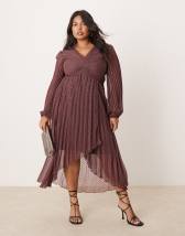 ASOS DESIGN Curve pleated bodice plunge neck midi dress in burgundy
