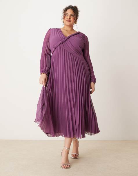 ASOS DESIGN Curve – Plissee-Midikleid in Lila mit verdrehtem Detail und gewickelter Vorderseite - view 1