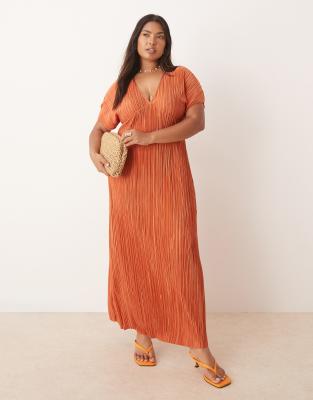 ASOS DESIGN Curve - Plissee-Midikleid in Rostrot mit V-Ausschnitt-Orange