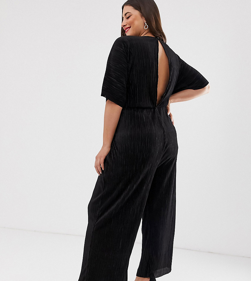 ASOS DESIGN Curve – Plisserad culotte-jumpsuit med knytning framtill-Svart