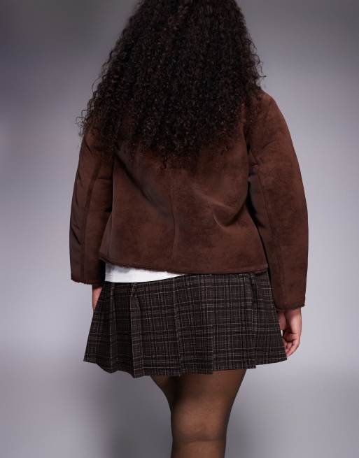ASOS DESIGN Curve - Plisseret børstet ternet chokolade mikro-mininederdel med plissering, 4 af 5