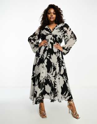 ASOS DESIGN Curve - Plisseret midikjole med dyb udskæring og sort/hvidt blomstermønster - view 1