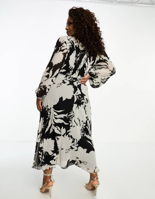 ASOS DESIGN Curve - Plisseret midikjole med dyb udskæring og sort/hvidt blomstermønster, 3 af 4