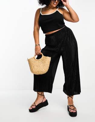 ASOS Design Curve - Plissierte Culotte in Schwarz mit weitem Bein